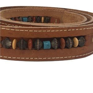 Leather Belt with Inlay Colored Beads and Silver Beads Top StationSilver Buckle
